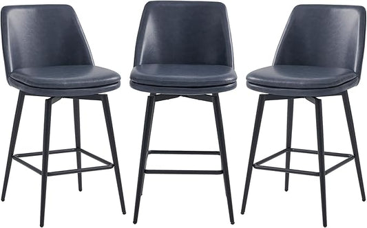 CHITA Swivel Bar Stools, 27.2" Counter Height Bar Stools Set of 3, FSC Certified Upholstered Modern Counter Stools, Metal Legs, Faux Leather, Blue