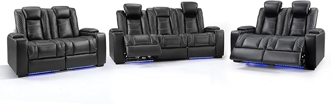 ANJ Recliner Sofa Set: 3-Seat Home Theater Seating and 2 PCS Loveseats with LED Lights, USB Charging, Faux Leather for Living Room (Black)