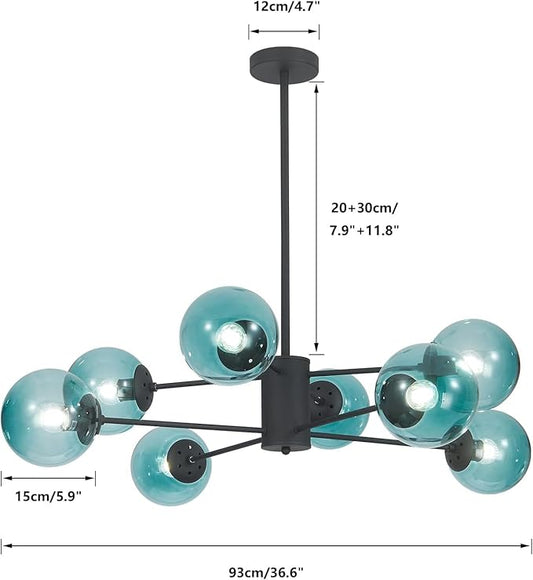KCO Lighting Modern 8-Lights Blue Glass Sputnik Chandelier Mid-Century Matte Black Globe Flush Mount Chandelier Industrial Large Glass Ball Sputnik Chandelier Pendant Lamp (Black+Blue)