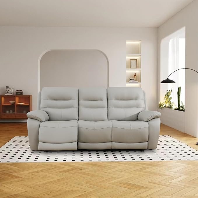 Power Reclining Sofa, 3-Seater Genuine Leather Recliner Couch, Light Grey Top Grain Leather Sofa with USB Port for Living Room, Apartment, Office