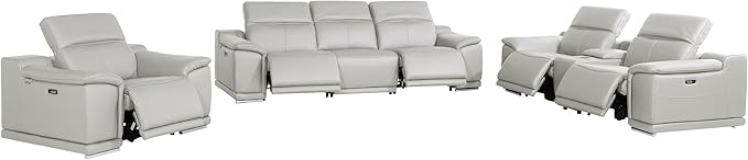 Blackjack Furniture Venice Top Grain Italian Leather Recliner 7 Seater 5 Power Reclining 3 Piece Sofa Set with Adjustable Headrests Modern Seating Sofa, Loveseat and Chair for Living Room, Light Grey