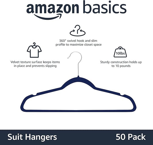 Amazon Basics Slim Velvet Non-Slip Space Saving Suit Clothes Hangers for Closet Organization, Navy Blue/Silver, 50-Pack