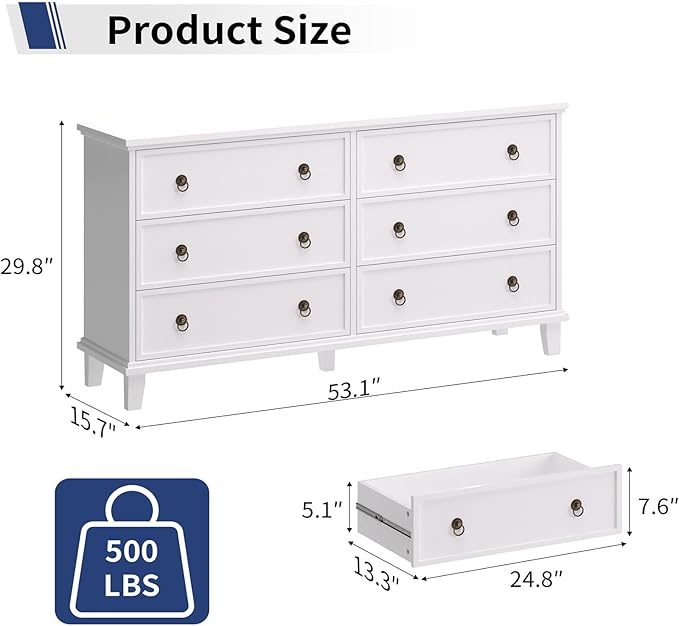 Large Dressers for Bedroom, 53.1" Wide White Farmhouse Dresser 6 Drawers, Wood Large Chest of Drawers for Bedroom, Living Room, Hallway