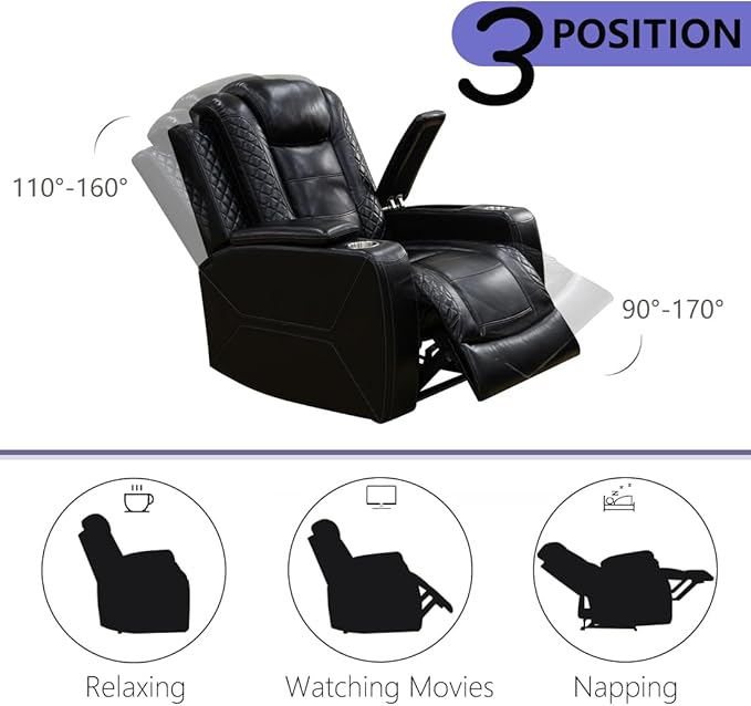 Power Theater Recliner Chair, Black Leather Reclining Sofa Couch Chair, Comfy Recliner with Arm Storage/Cup Holder/USB Port for Living Room Furniture, Bedroom, Office, Home Theater