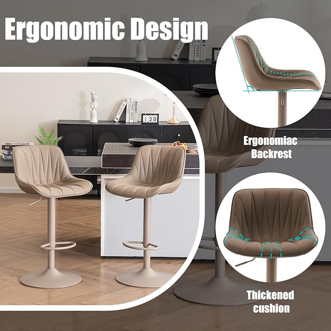 Kidol & Shellder Bar Stools Set of 2 Khaki Adjustable Swivel Counter Height Barstools Upholstered Modern PU Leather Bar Chairs Stools for Kitchen Island