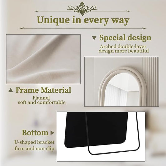 Koonmi 63"x24" Arched Mirror Full Length, Full Body Freely Standing Mirror, Flannel Floor Mirror with Stand for Bedroom, Living Room, Hanging or Against The Wall, White