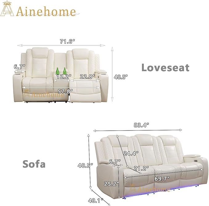 A Ainehome Power Leather Recliner Sofa Set with LED Lights, Recliner Sofa Sectional Couches for Living Room, Reclining Sofa and loveseat with USB Port/Storage Console(Creamy White,Sofa+loveseat)