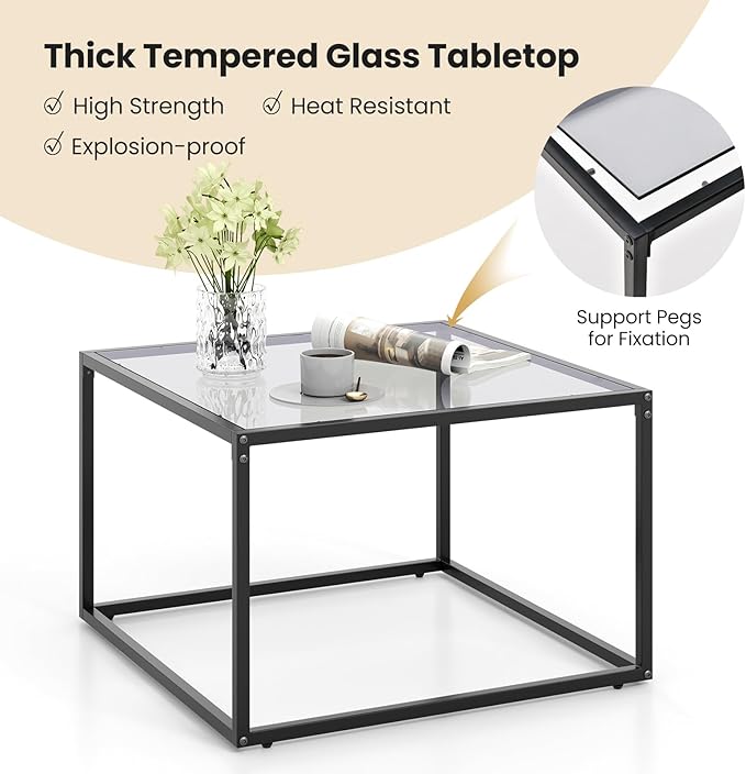 Giantex 27.5" Square Coffee Table - Tempered Glass Center Table w/Metal Frame, Modern Accent Table for Small Space, Living Room, Home, Office, Easy Assembly (1-Tier, Gray)