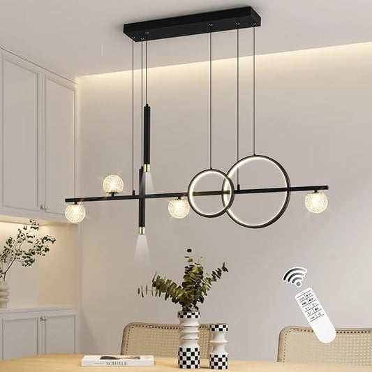 Modern LED Pendant Lights, Dimmable 47in Linear LED Chandelier Lighting, Upgraded Black & Gold Dining Room Hanging Light Fixtures Kitchen Island Globe Pendant Light for Dining Table (4200lm)