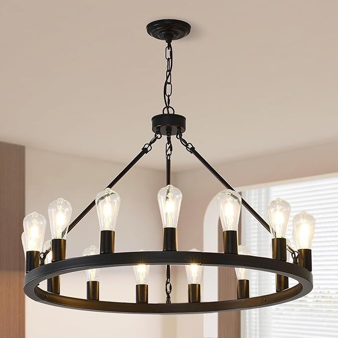 NILSE 15-Light Black Wagon Wheel Chandelier, 32" Round Chandelier for Porch, Iron Industrial Chandeliers Light Fixture for Living Room Kitchen Island Foyer Entryway, E26