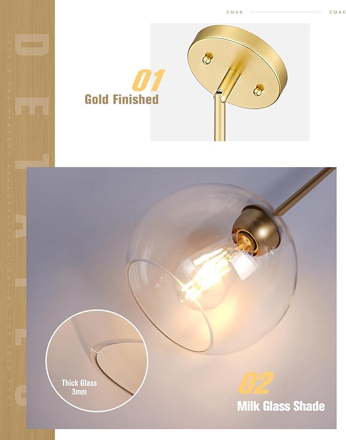 Emak 3 Pack Pendant Lights Kitchen Island, Gold Pendant Light Fixtures with Clear Glass Shade, Modern 8 Inch Globe Hanging Lights for Kitchen, Bedroom, Bar, PL121-GD-3PK