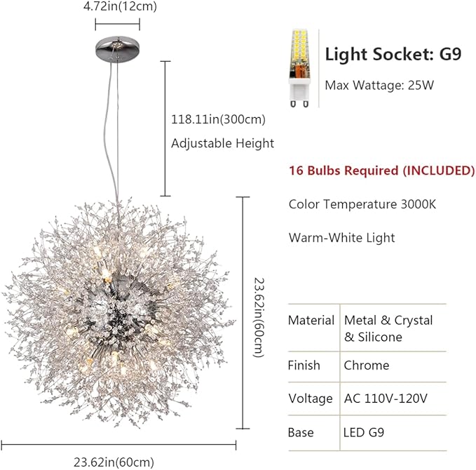Crystal Chandeliers Dandelion, 16-Light Chrome Stainless Steel Firework Chandeliers for Living Room, 23.6" Modern Chandelier Light Fixture for Bedroom Foyer