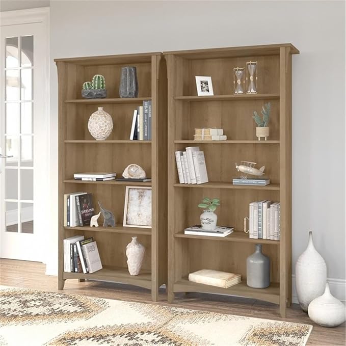 Bush Home Salinas Tall 5 Shelf Bookcase - Set of 2 in Reclaimed Pine, Vertical Office Storage, Bookshelves for Home Workspace, Multi-Purpose Shelving Units