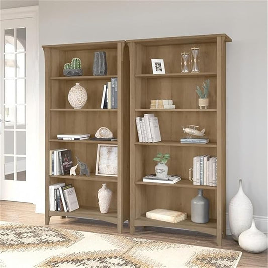 Bush Home Salinas Tall 5 Shelf Bookcase - Set of 2 in Reclaimed Pine, Vertical Office Storage, Bookshelves for Home Workspace, Multi-Purpose Shelving Units