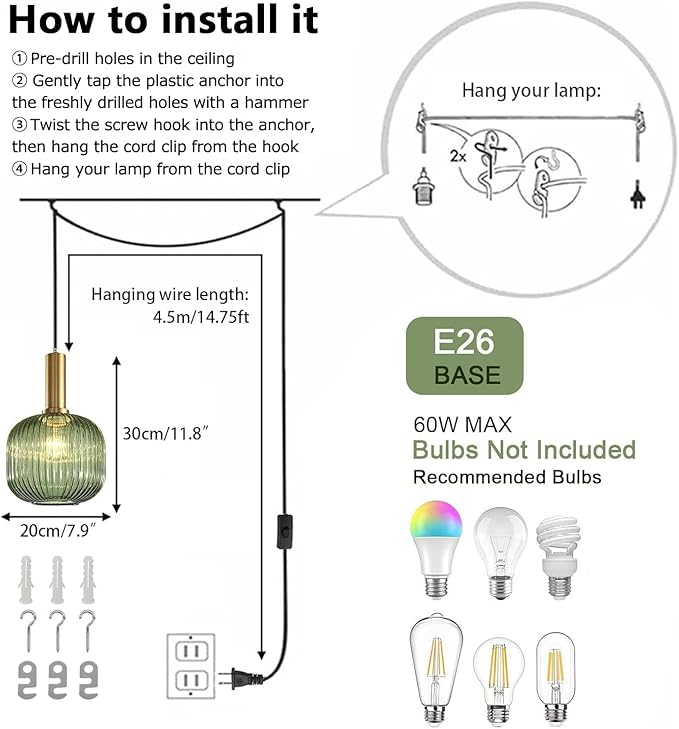 Plug in Pendant Light Green Glass Hanging Lights with Plug in Cord Vintage Gold Hanging Pendant Light Mid Century Modern Ceiling Hanging Lamp for Kitchen Island Dining Room Living Room Bedroom