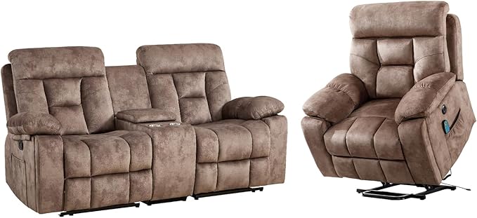 EBELLO 2 Piece Reclining Living Room Set, Soft Fabric Recliner Sofa Set, Included Power Lift Recliner Chair with Massage and Heat and Loveseat, Brown
