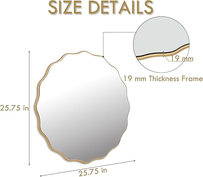 26" Wavy Mirror Scalloped Farmhous Modern Wood Farme Mirror Wall Decor for Bathroom Entryway Living Room Bedroom Hallway