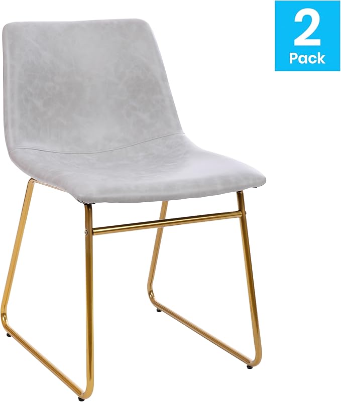 Taylor & Logan Butler 18 inch Dining Table Height Chair, Mid-Back Sled Base Dining Chair in Light Gray Faux Leather with Gold Frame, Set of 2