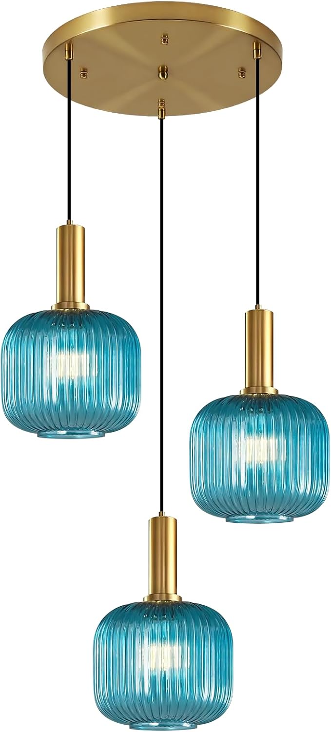 3-Light Pendant Chandelier Gold Cluster Pendant Lighting Blue Glass Pendant Lights Kitchen Island Lights Ceiling Hanging Modern Dining Room Pendant Light Fixtures Over Table