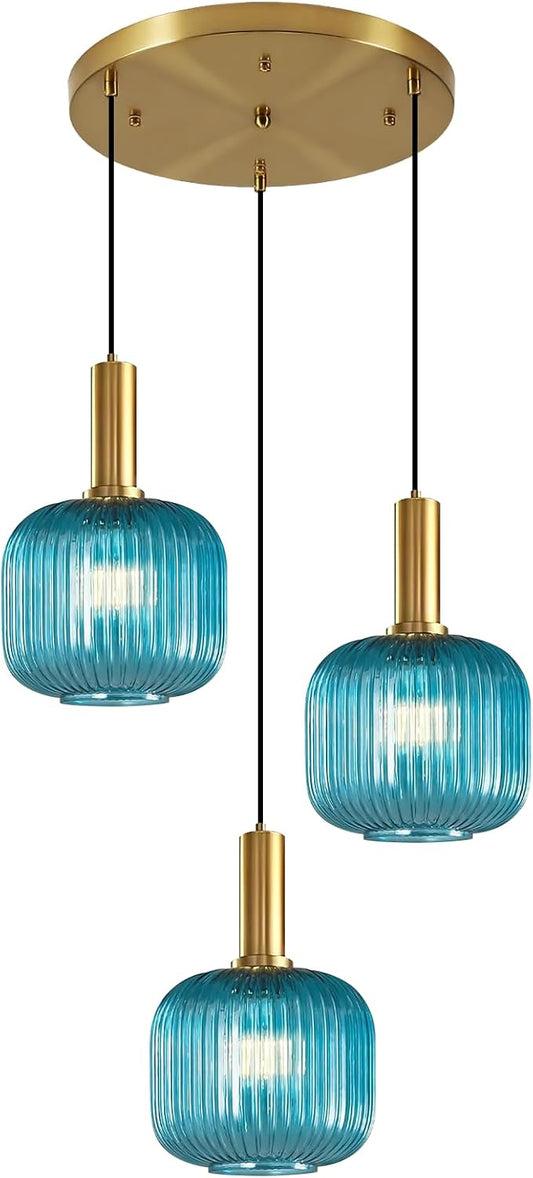 3-Light Pendant Chandelier Gold Cluster Pendant Lighting Blue Glass Pendant Lights Kitchen Island Lights Ceiling Hanging Modern Dining Room Pendant Light Fixtures Over Table