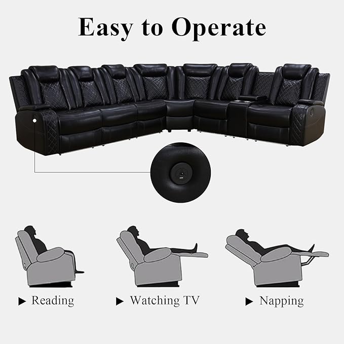 Power Reclining Sectional Couch for Living Room, Black Leather Sectional Sofa Set with Recliner, LED Lights, Storage Console, Cup Holders, USB Charging, Home Theater Seating for Family Room