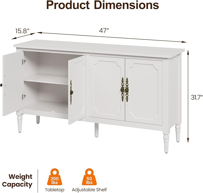 Sideboard with 4 Doors, Mid-Century Console Table with Adjustable Shelves, Accent Cabinet for Entryway, Living Room, Dining Room, Classic White-1