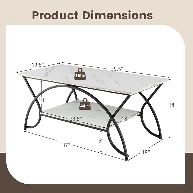 COSTWAY 2-Tier Coffee Table, Modern Faux Marble Accent Table with Storage and Black Finished Metal Frame, Chic Rectangular End Table for Living Room Office Lounge (White+Black)