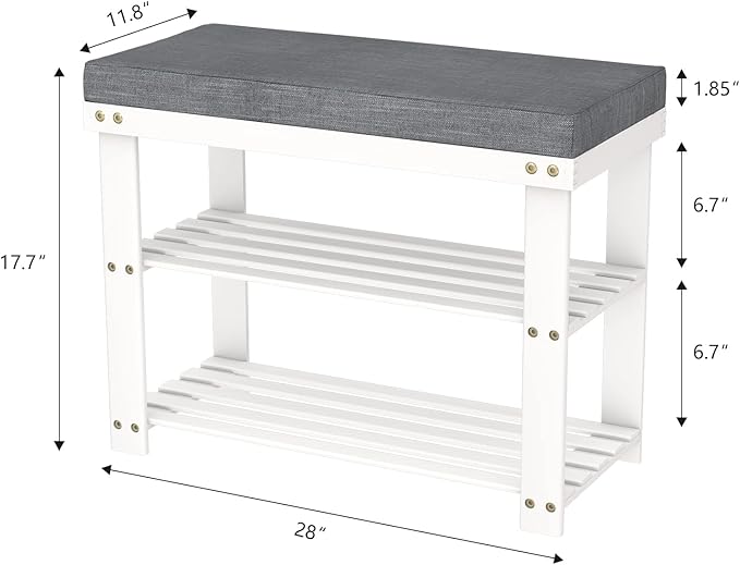 Domax White Shoe Rack Bench for Entryway - Bench with Shoe Storage Front Door Shoe Bench with Cushion Upholstered Padded Seat 3 Tier Bamboo Shoe Holder for Indoor Entrance Hallway Bedroom Living Room