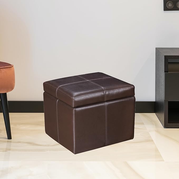 Adeco Modern Faux Leather Cube Storage Ottoman Bench with Hidden Storage, Comfortable Footrest Ottoman for Living Room, Bedroom, Entryway - Brown, 17.7" x 17.7" x 15