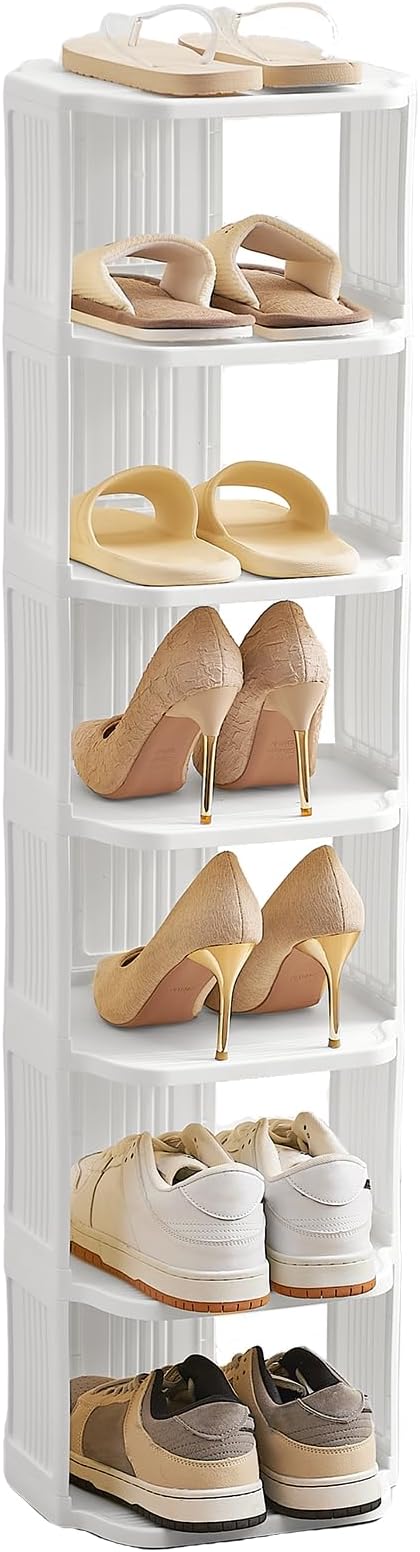 Small Shoe Rack, 7 Tier Plastic Vertical Shoe Rack for Small and Narrow Spaces, Free Standing Shoe Organizer for Closet, Entryway