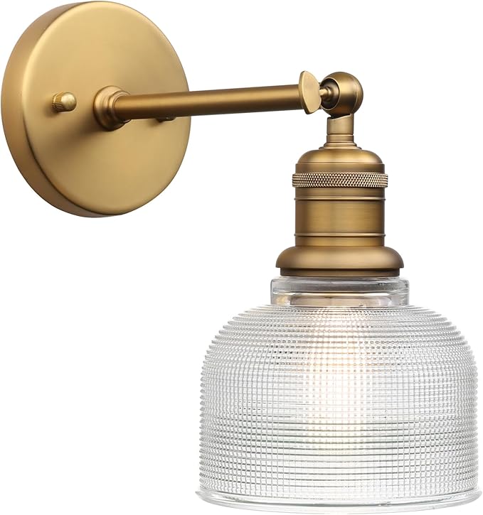 Yosoan Brass Gold Boho Vintage Wall Sconce with Striped Bowl Shade, 1-Light Modern Vanity Industrial Wall Mounted Hardwired Texture Glass Shade for Living Room Bedroom Fireplace Hallway(Antique)