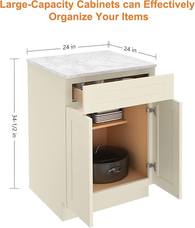 LOVMOR Kitchen Base Cabinets, Sideboard Storage Cabinet, Entryway Cabinet with 1-Drawer & Adjustable Shelf, 24" W X 24" D X 34-1/2"H