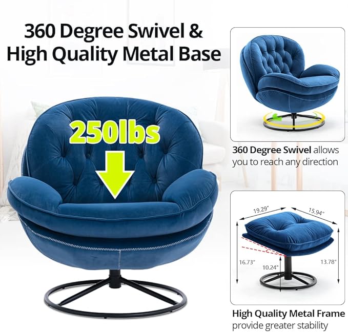 Velvet Swivel Accent Chair with Ottoman Set, Modern Lounge Chair with Metal Base Frame & Footrest, Comfortable Single Leisure Sofa Chair Reading Chair with 360 Degree Swiveling for Living Room, Blue