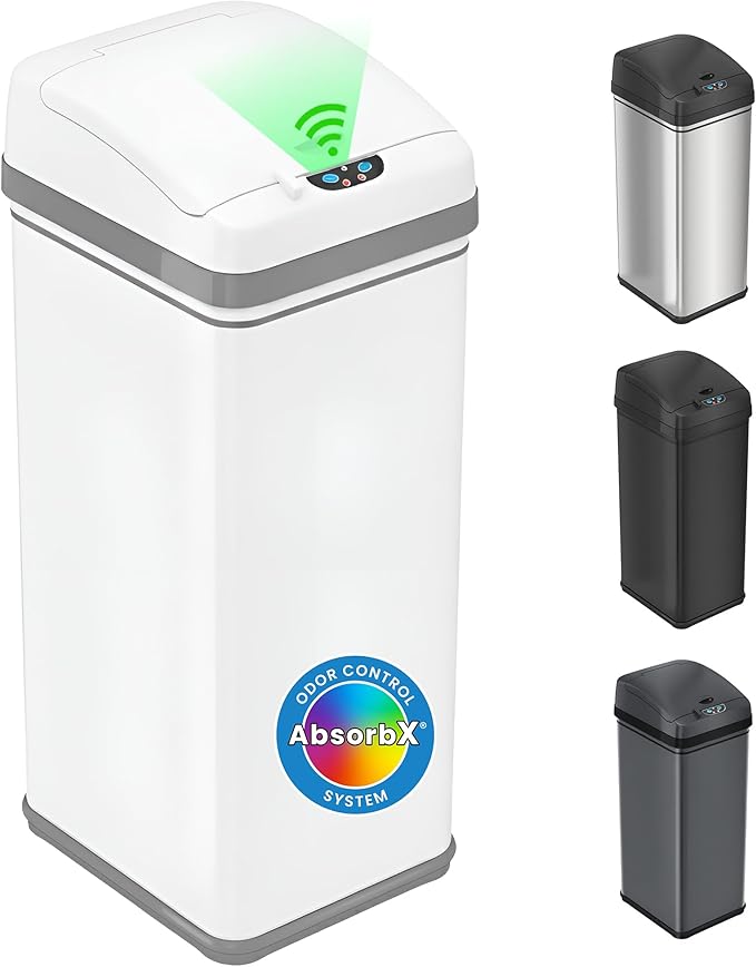 iTouchless 13 Gallon Motion Sensor Garbage Container with Odor Filter, 50L Touchless Stainless Steel Kitchen Bin, Smart Automatic Lid, Fingerprint-Proof, Pet-Safe Lock & Soft-Close, Brilliant White