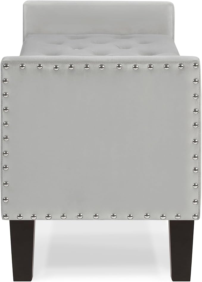 Velvet Storage Ottoman with Armrests, Upholstered Button Tufted Entryway Bench with Nails Trim for Bedroom End of Bed, Living Room,Gray