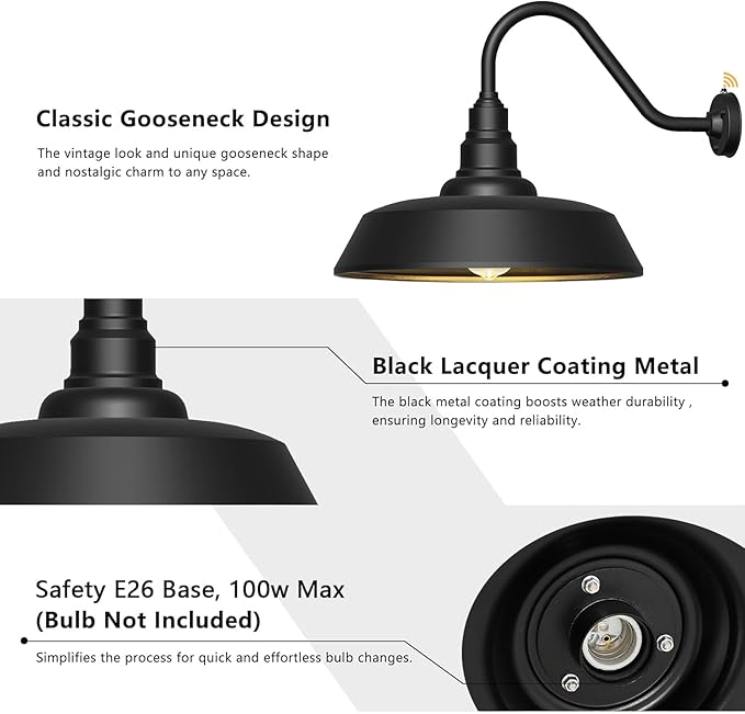 18 Inch Large Barn Light Outdoor Gooseneck Lights 2-Pack, Waterproof and Rust-Resistant Dusk to Dawn Barn Light for Patio, Porch, Farmhouse, Gooseneck Lighting…