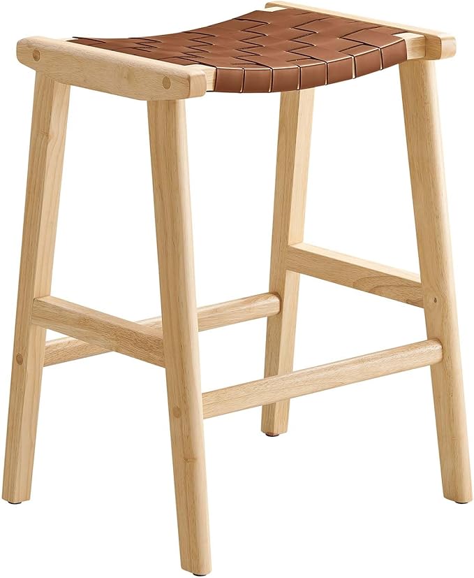 Modway Saoirse Faux Leather Wood Counter Stool - Set of 2 in Natural Brown