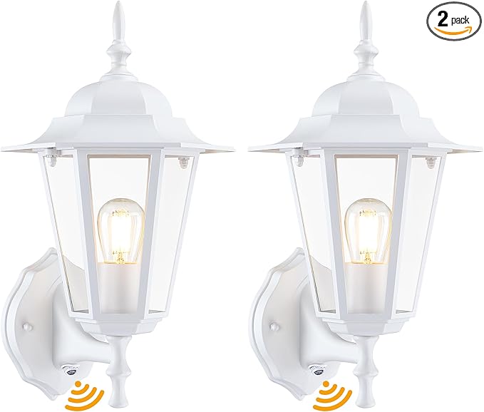 Outdoor Wall Lantern, Dusk to Dawn Exterior Wall Sconce with Clear Glass, Waterproof White Aluminum Porch Light, Anti-Rust Outside Lighting Fixtures for Patio Front Door Entryway, 2-Pack