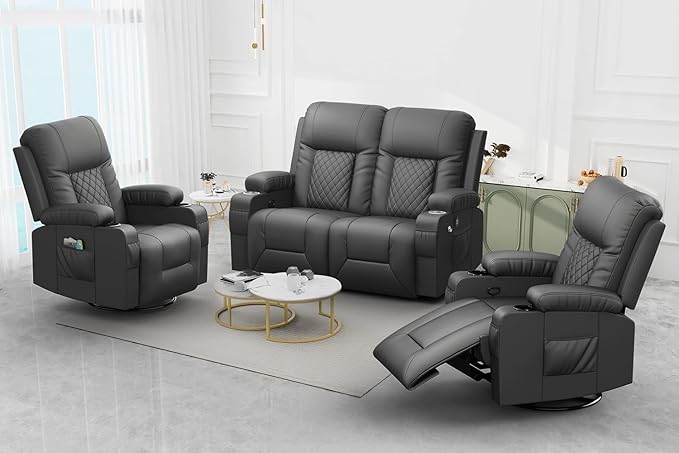 FURNIMAT Loveseat Recliner Sofa Set with 2+1+1 Pieces in Living Room, 2 Seater Reclining Loveseat Leather, 2 Recliner Chairs with 360 Degree Swivel Single Sofa Seat