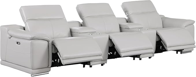 BlackJack Furniture Venice Top Grain Italian Leather Power Recline 5 Piece Sofa - 134" Theater Seating Modern Couch for Living Room Apartment Home with Adjustable Headrests & USB Port, Light Grey