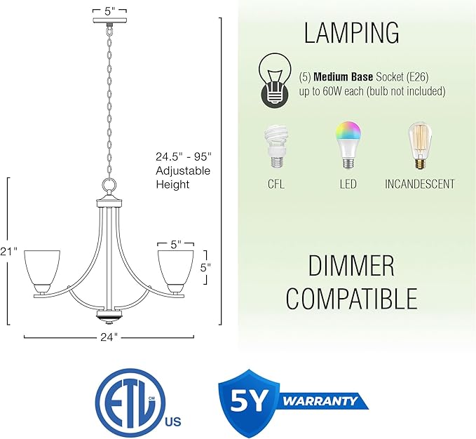 Kira Home Weston 24" Contemporary 5-Light Large Chandelier + Alabaster Glass Shades, Adjustable Chain, Brushed Nickel Finish