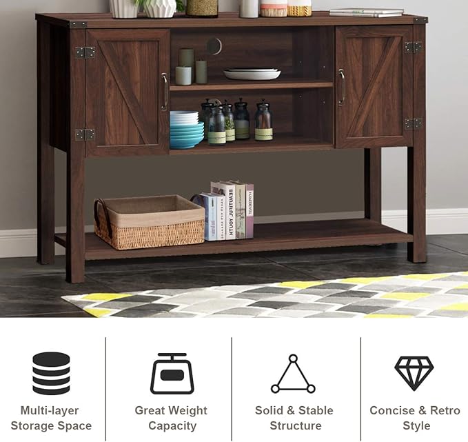 Tangkula Console Table Buffet Table, Modern Sideboard with Storage Cabinets and Bottom Shelf, Contemporary Tall Buffet Storage Cabinet, Kitchen Dining Room Furniture (Brown)