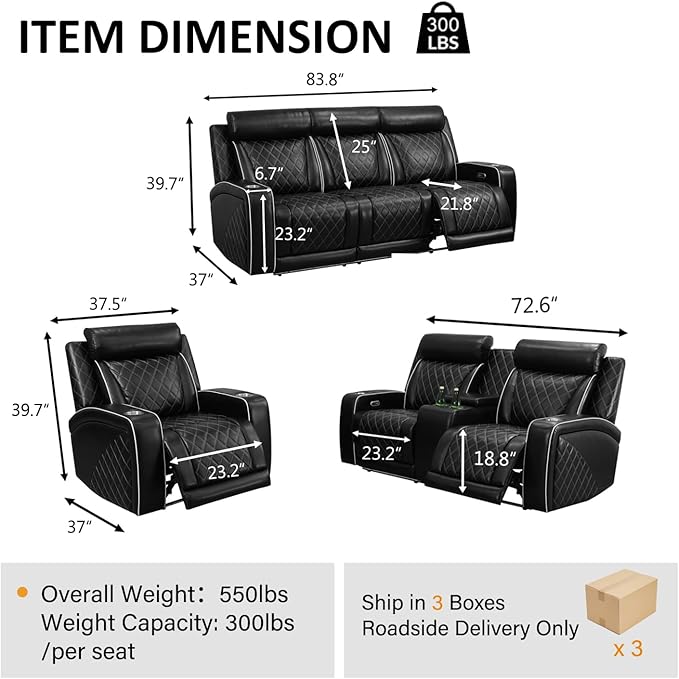 Power Recliner Sofa Set for Living Room, Breathing Leather Reclining Sofa with LED Lighting, Cup Holders, Storage Console&USB Port for Home Theater Seating (Black#2)