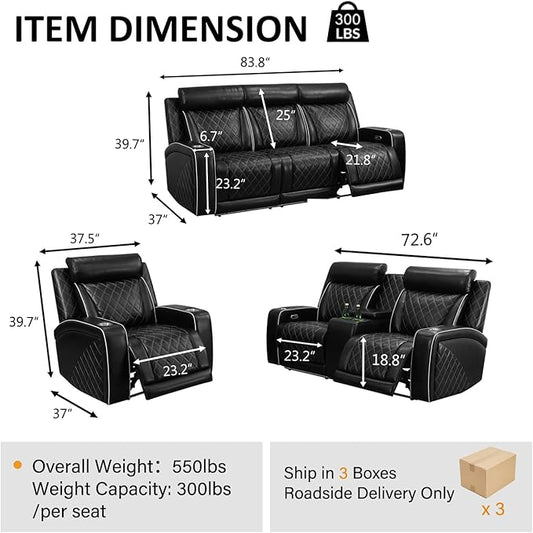 Power Recliner Sofa Set for Living Room, Breathing Leather Reclining Sofa with LED Lighting, Cup Holders, Storage Console&USB Port for Home Theater Seating (Black#2)