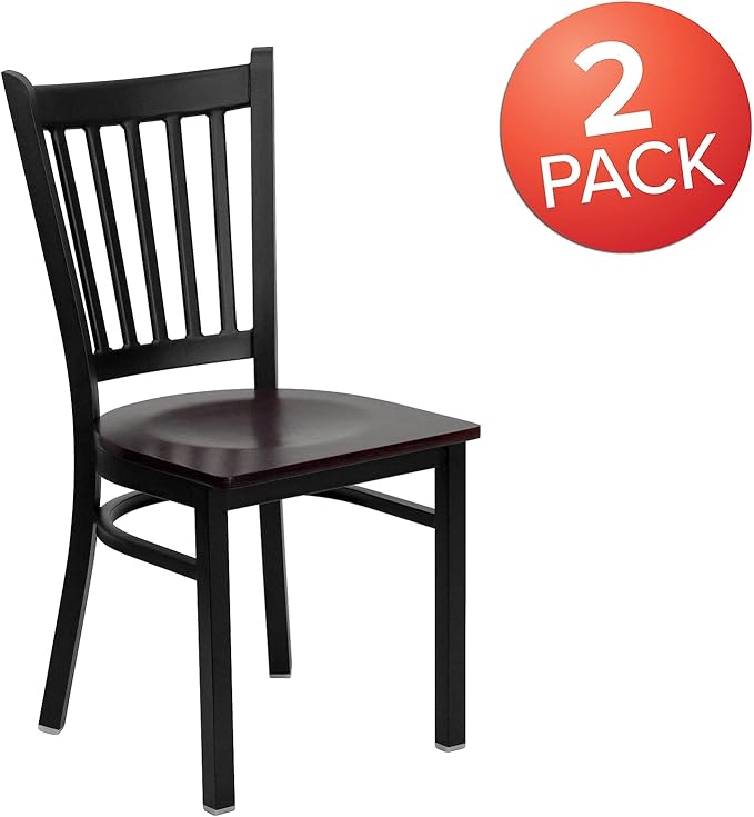 Flash Furniture 2 Pk. HERCULES Series Black Vertical Back Metal Restaurant Chair - Mahogany Wood Seat