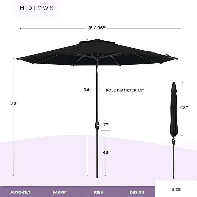 Midtown Umbrellas - The Lean 8 Ft Patio Umbrella with Fade-Resistant Sunbrella Fabric, Auto-Tilt Aluminum Frame and 8 Reinforced Ribs for Deck, Pool & Garden - Spectrum Carbon Canopy, Black Pole