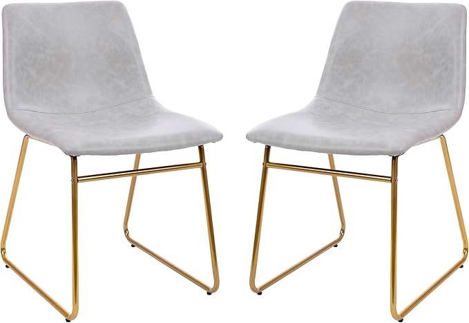 Taylor & Logan Butler 18 inch Dining Table Height Chair, Mid-Back Sled Base Dining Chair in Light Gray Faux Leather with Gold Frame, Set of 2