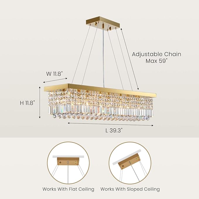 7PM Rectangle K9 Crystal Chandelier Modern Gold Crystal Chandelier Rectangular Pendant Lighting Fixture for Dining Room Kitchen Island Bedroom L40'' x W10'' x H10''