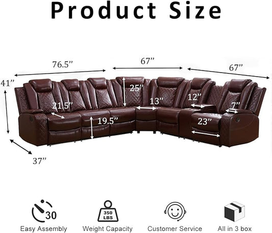 Power Recliner Sectional Sofa with LED, Breathing Leather Reclining Sectional Couch, L Shaped Couch with Dual Recliners, USB Port, Cup Holder&Storage for Living Room (Garnet)