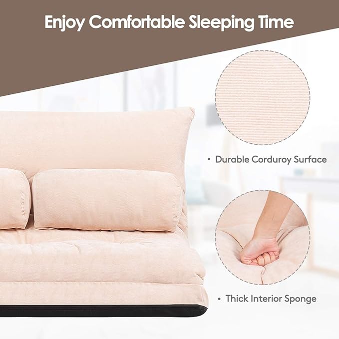 Giantex Adjustable Floor Sofa Couch with 2 Pillows, Multi-Functional 6-Position Foldable Lazy Sofa Sleeper Bed, Multi-Functional Suede Floor Seating for Reading Gaming (Beige)